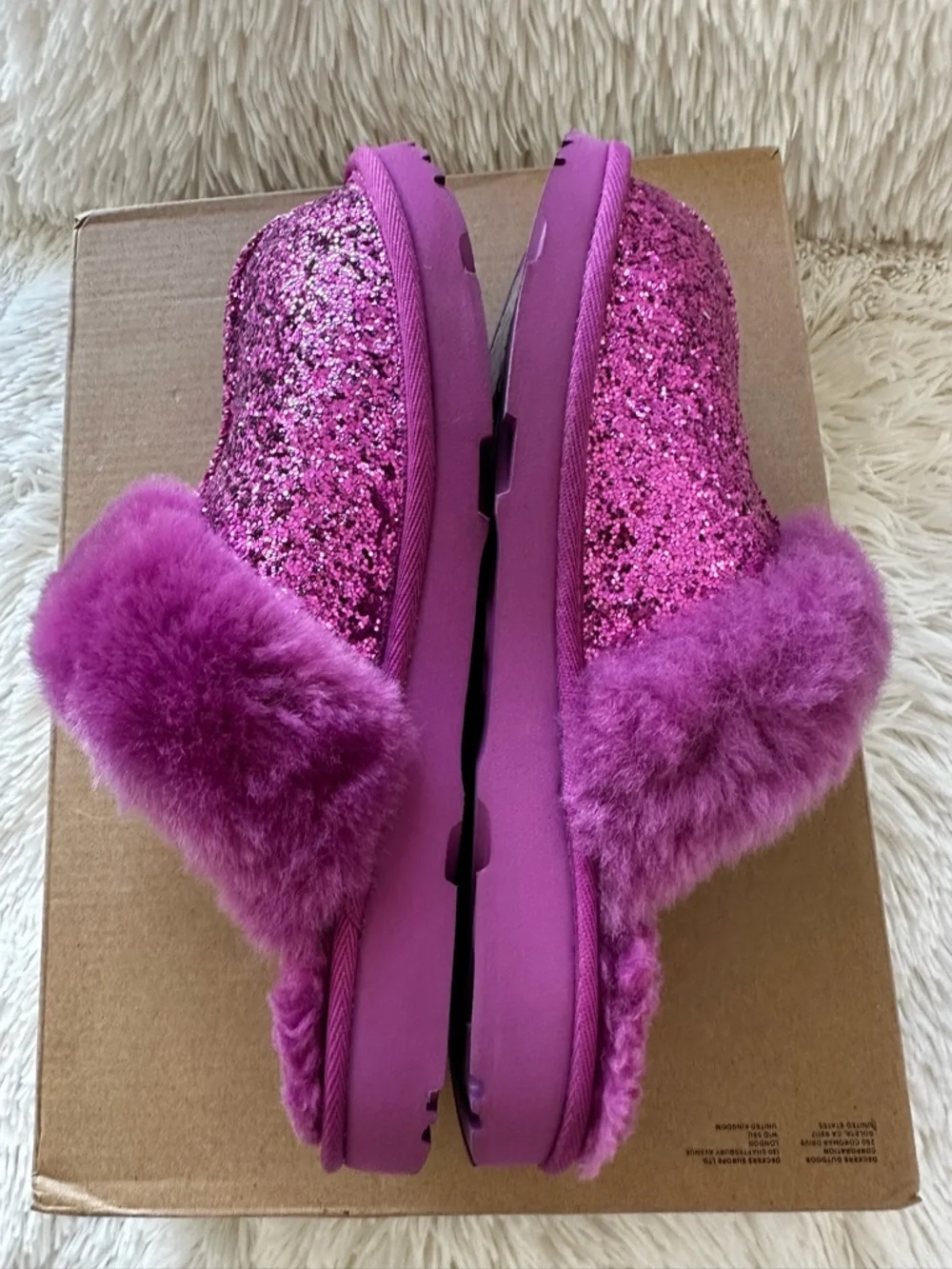 UGG Purple Glitter Cozy II Shearling Fur Slip On Mule Slippers Girls Size 4